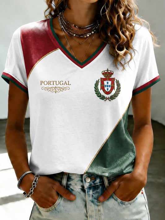 Women's Portuguese Football Printed V-neck T-shirt