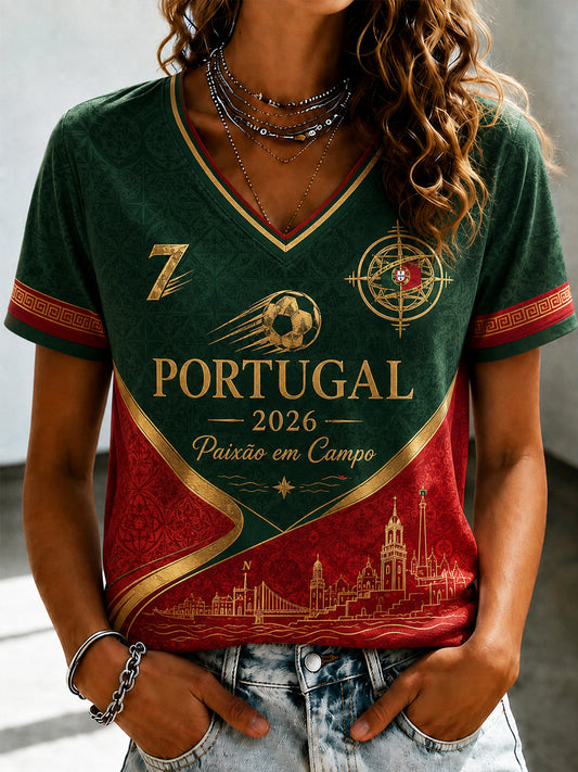 Women's 2026 Portugal Soccer Commemorative V-Neck T-Shirt