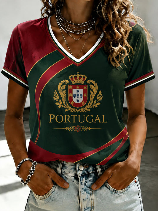 Women's Portuguese Football Printed V-neck T-shirt