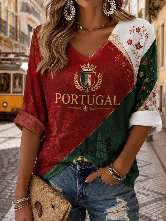 Women's Portuguese Football Match Cheering Art Print V-Neck Top