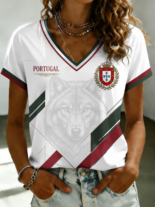 Women's Portuguese Football Printed V-neck T-shirt