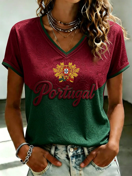Women's Portuguese Football Printed V-neck T-shirt