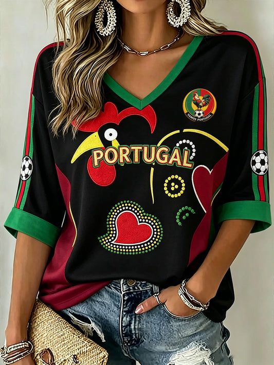 Women's Soccer Element Color-blocking Design Casual  Mid-length Sleeves V-Neck T-Shirt
