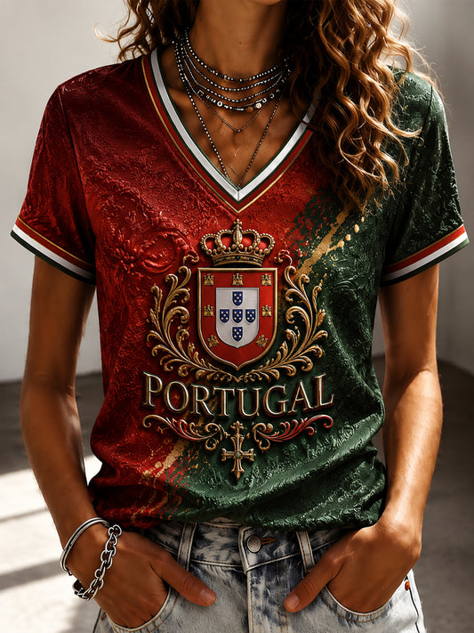Women's Portuguese Football Printed V-neck T-shirt