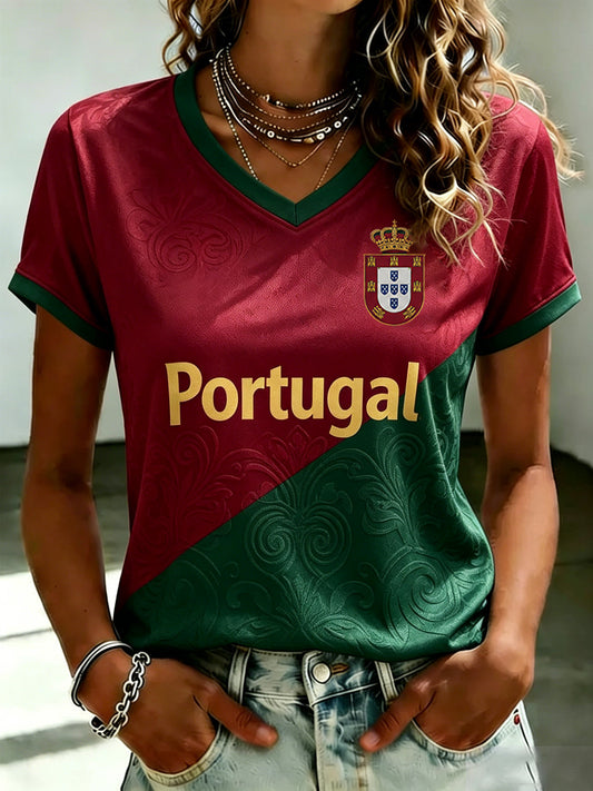 Women's Portuguese Football Printed V-neck T-shirt