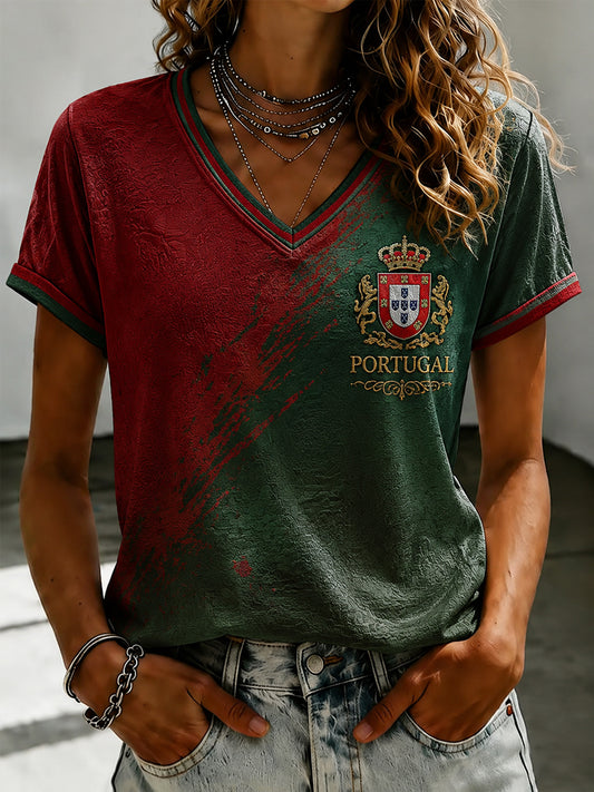 Women's Portuguese Football Printed V-neck T-shirt