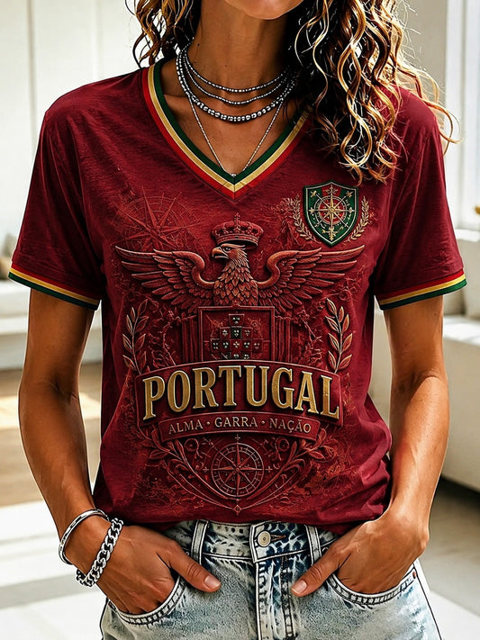 Women's Portugal Football Printed V-neck T-shirt