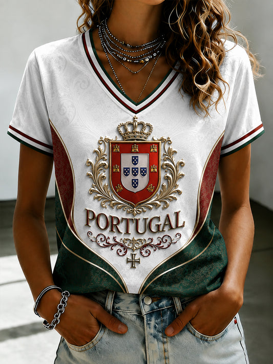 Women's Portuguese Football Printed V-neck T-shirt