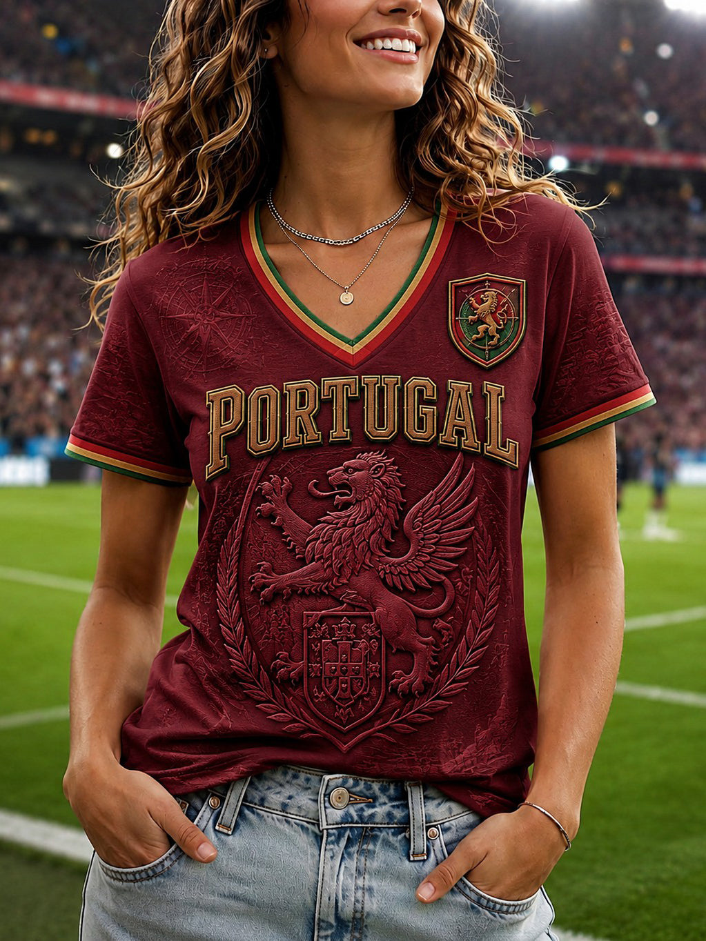Women's Portugal Football Printed V-neck T-shirt