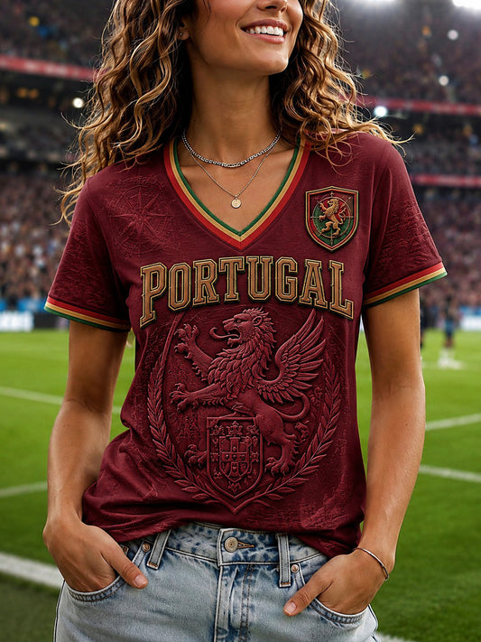 Women's Portugal Football Printed V-neck T-shirt