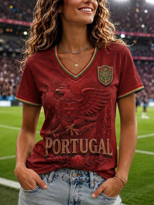 Women's Portugal Football Printed V-neck T-shirt