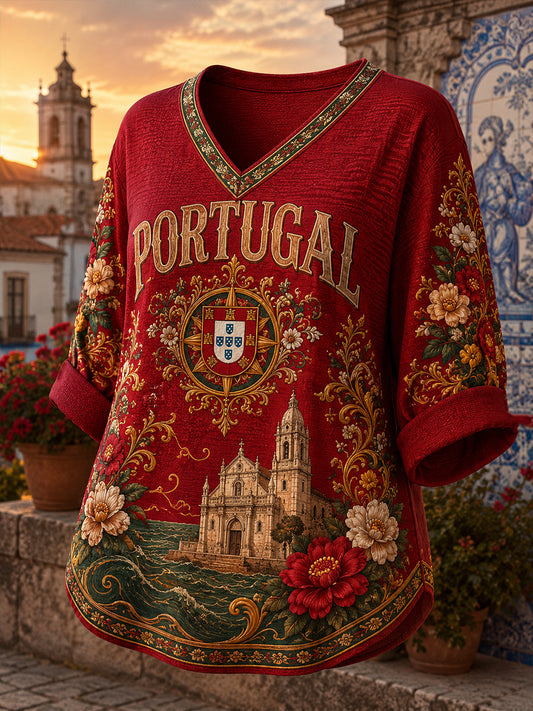 Women's Portuguese Football Match Cheering Element Art Print V-Neck Top