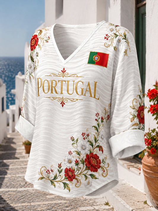 Women's Portuguese Football Match Cheering Element Art Print V-Neck Top