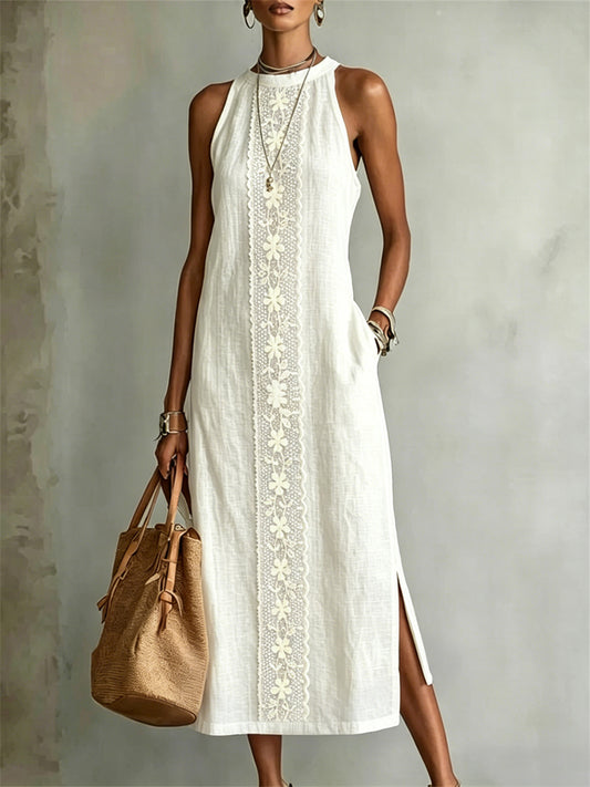 Women's Classy Floral Lace Art Print Side Slit Linen Maxi Dress