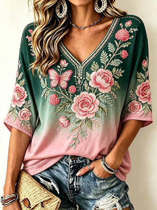 Women's Fashion Pink Floral Print T-Shirt