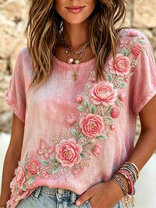 Women's Fashion Pink Floral Print T-Shirt