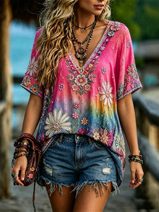 Women's Hippie Flowers Gradient Color Print linen short-sleeved T-shirt