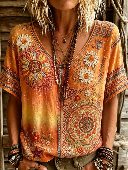 Women's Hippie Flowers Boho Floral Gradient Color Print linen short-sleeved T-shirt
