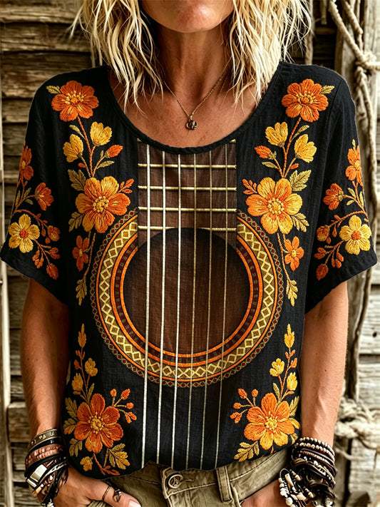 Women's Vintage Guitar Inspired Floral Art Print linen short-sleeved T-shirt