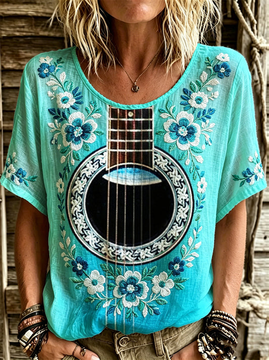 Women's Vintage Guitar Inspired Floral Art Print Gradient linen short-sleeved T-shirt