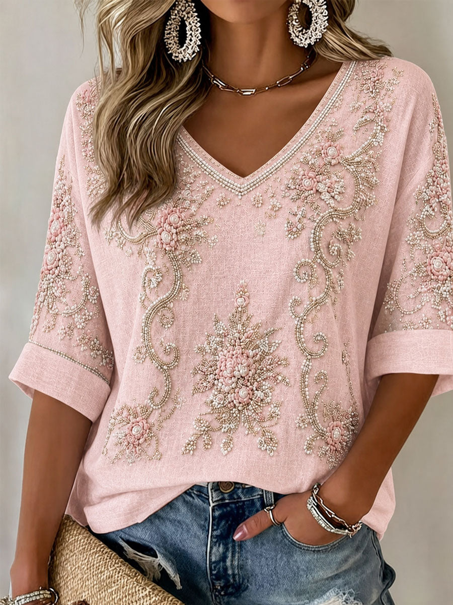 Women's Pink Floral Print Casual T-Shirt