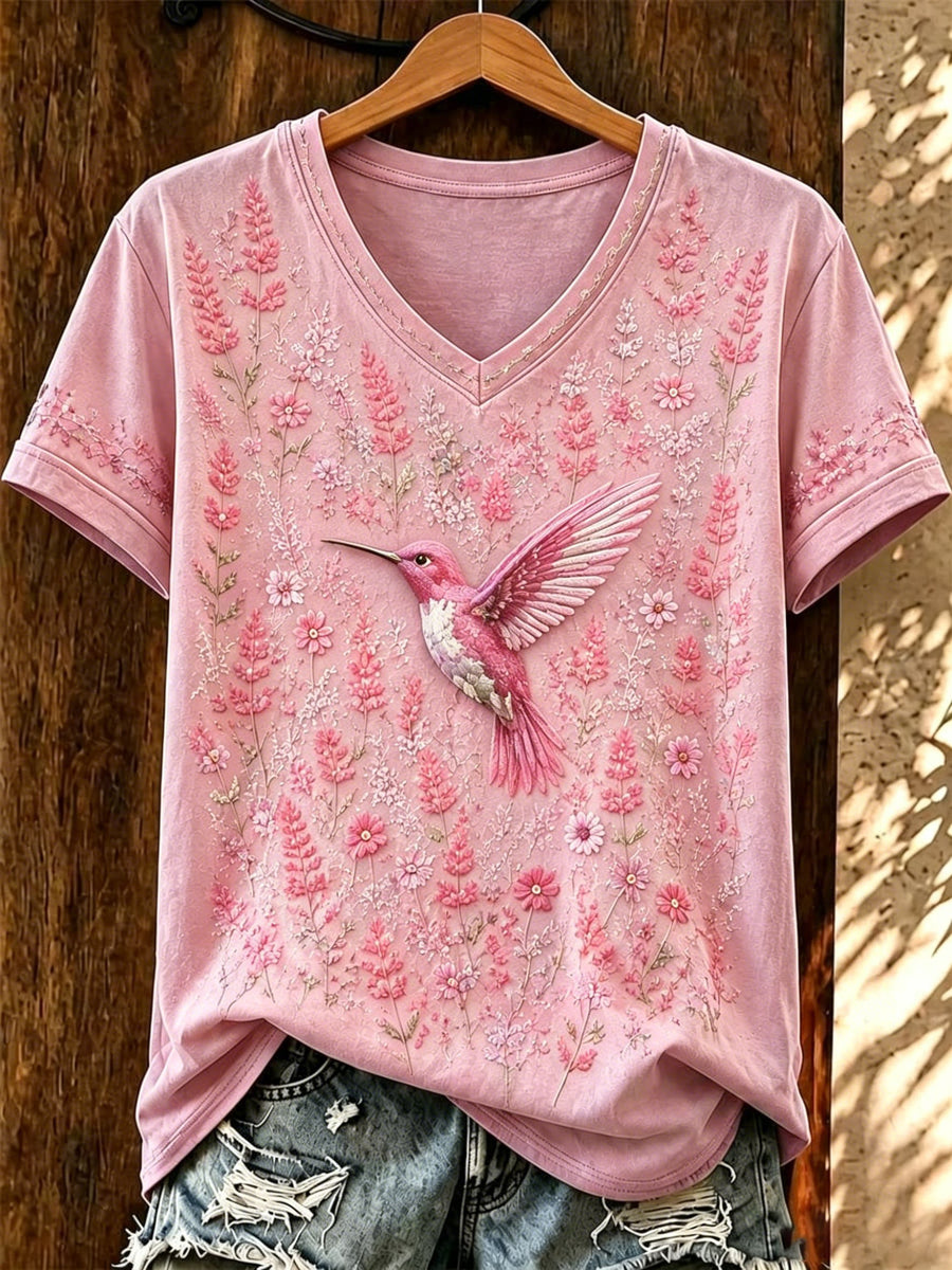Women's Breast Cancer Pink Flowers Printed V-neck T-shirt