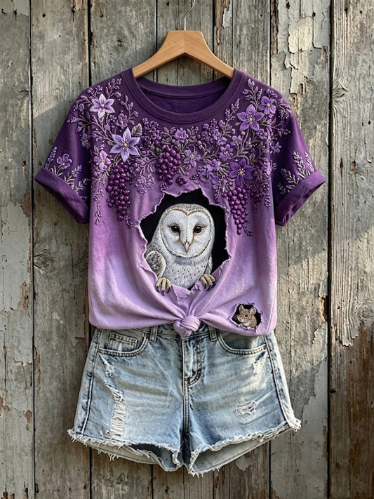 Women's Floral Owl & Mouse Art Print Short-sleeved T-shirt