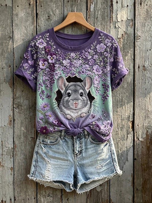 Women's Cute Floral Chinchilla Art Print Short-sleeved T-shirt