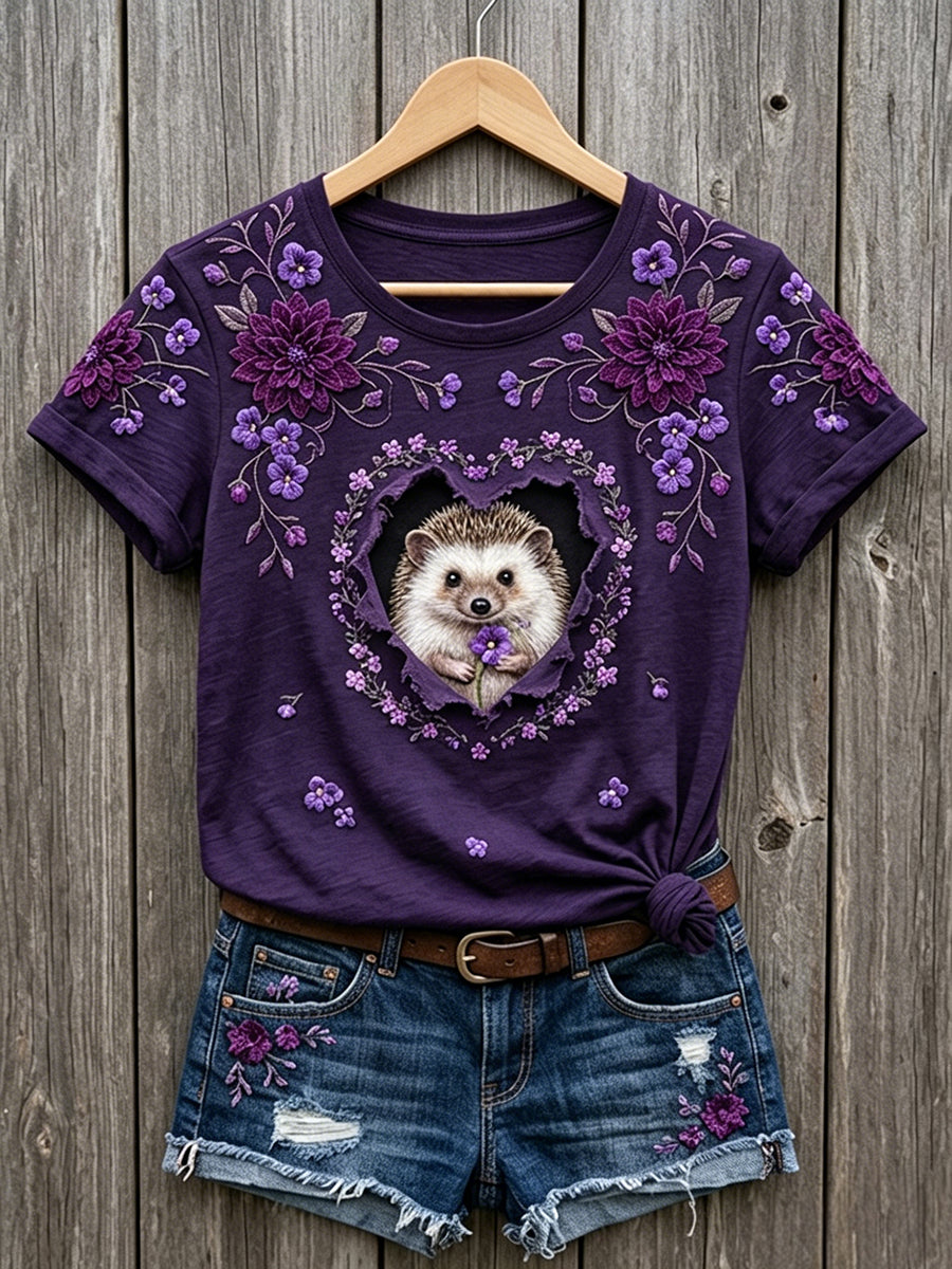 Women's Lovely Floral Hedgehog Art Print Short-sleeved T-shirt