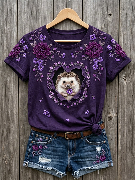 Women's Lovely Floral Hedgehog Art Print Short-sleeved T-shirt