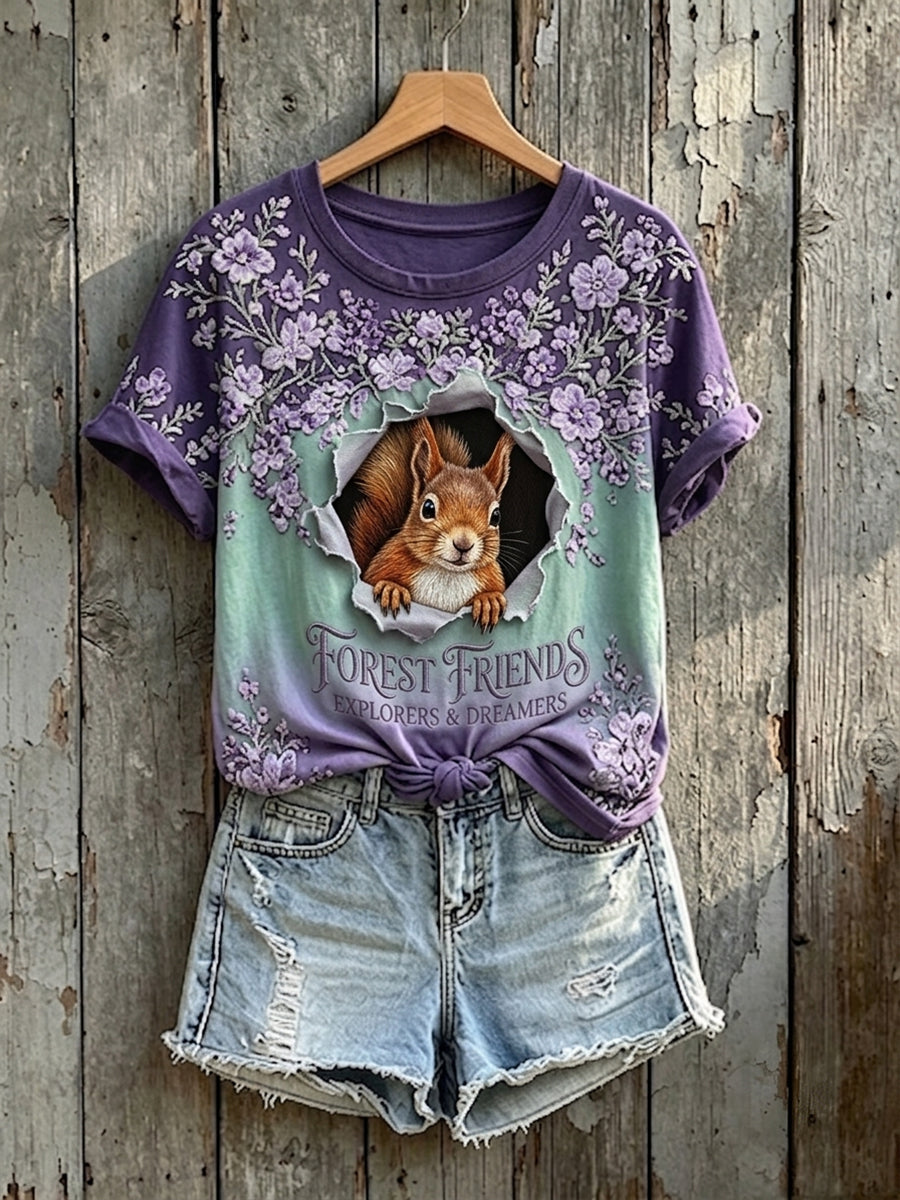 Women's Cute Forest Friends Squirrel Print Short-sleeved T-shirt