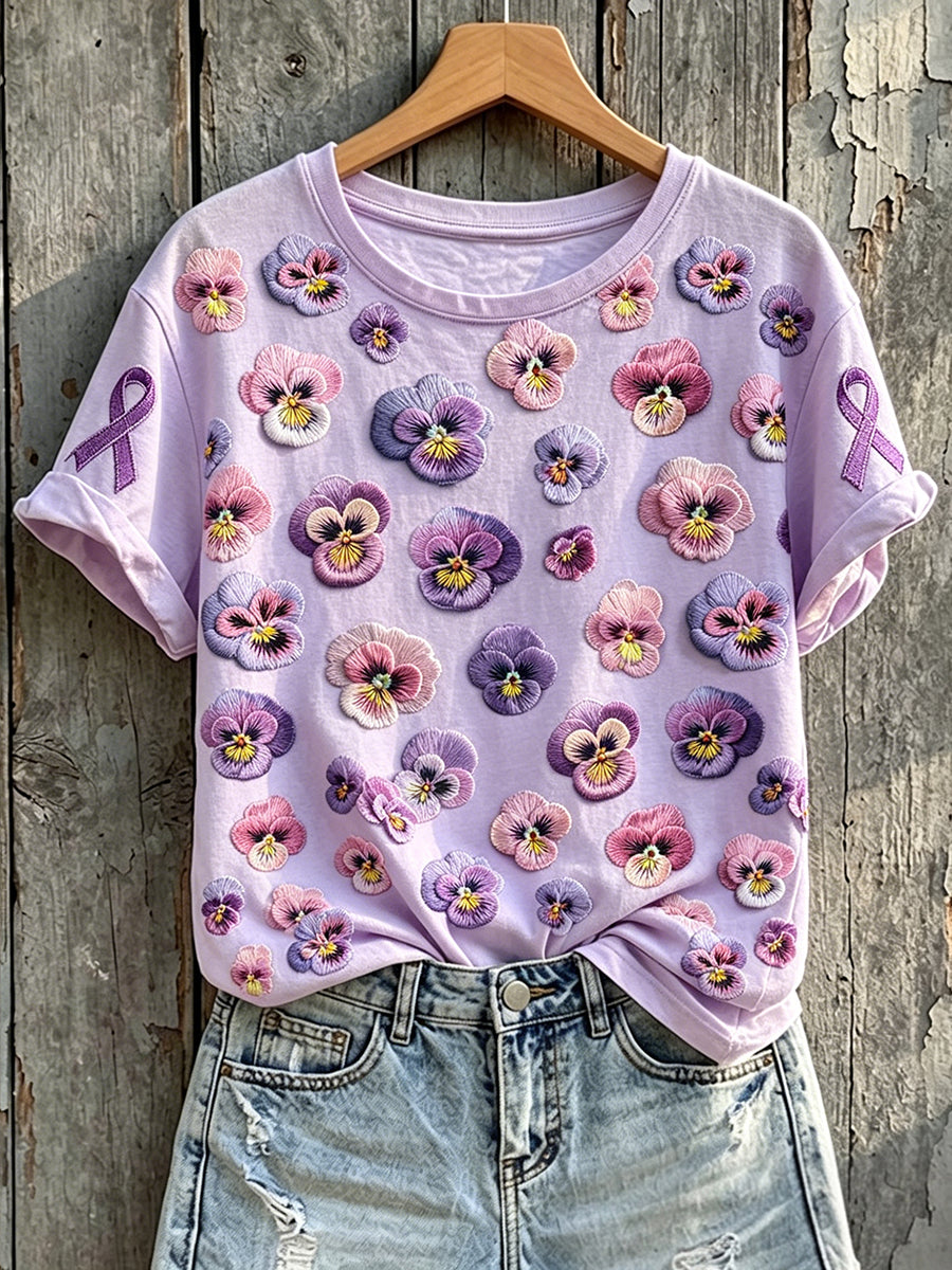 Women's Purple Awareness Pansies Print Round Neck Short Sleeve T-shirt