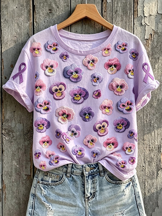 Women's Purple Awareness Pansies Print Round Neck Short Sleeve T-shirt