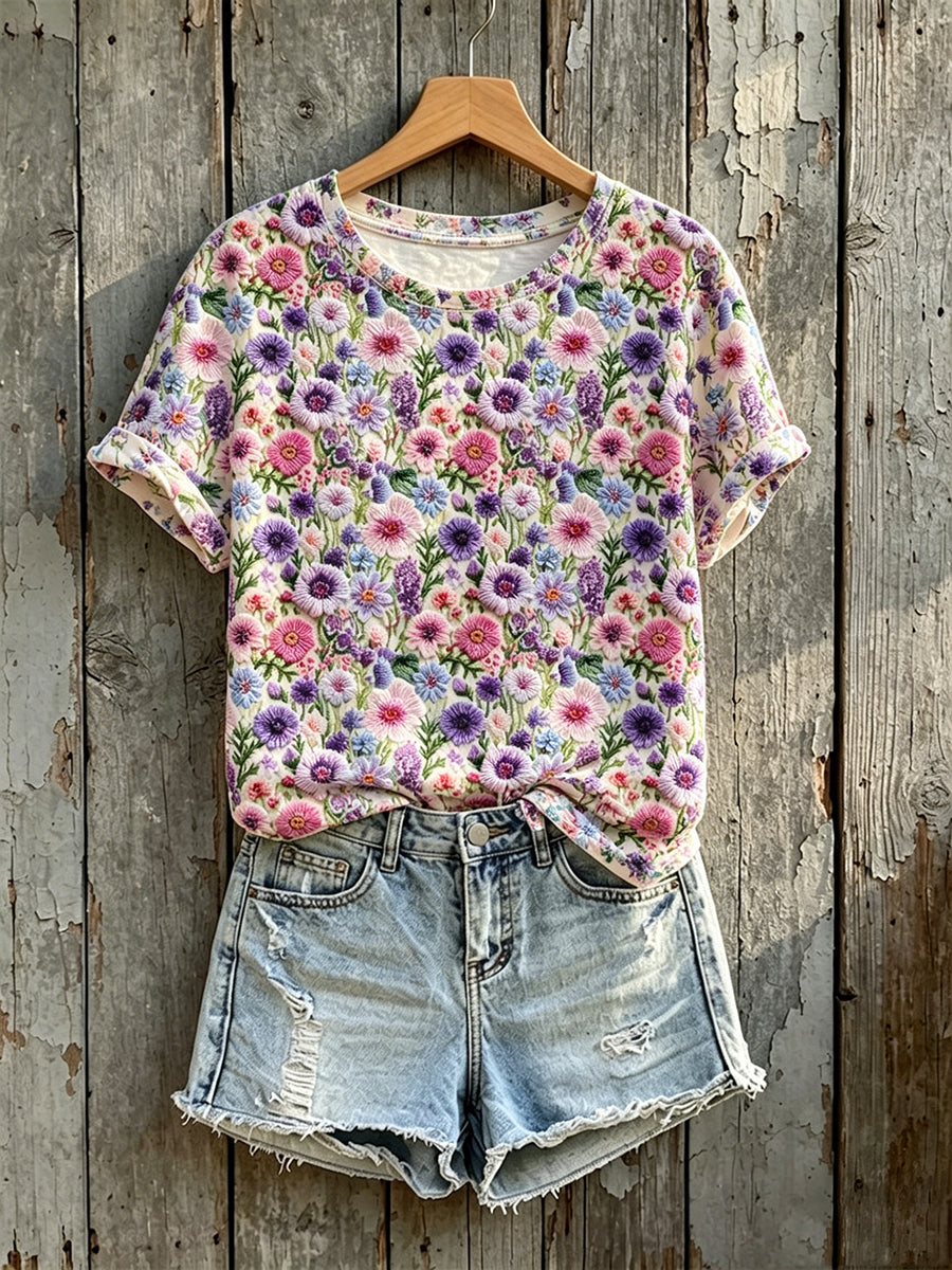 Women's Classy Floral Pattern Print Short-sleeved T-shirt
