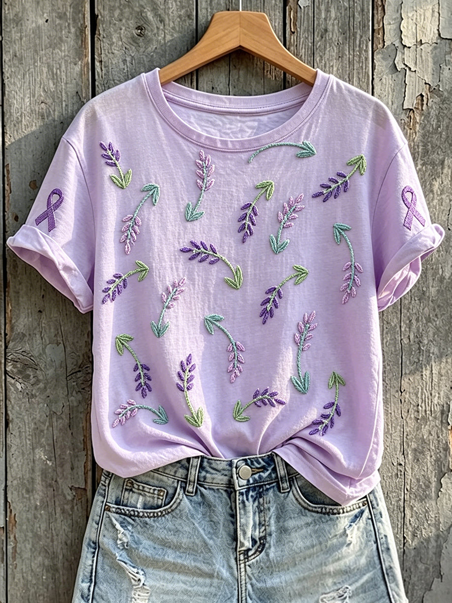 Women's Purple Awareness Floral Print Round Neck Short Sleeve T-shirt