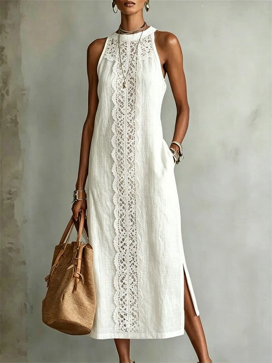 Women's Classy Floral Lace Art Print Side Slit Linen Maxi Dress