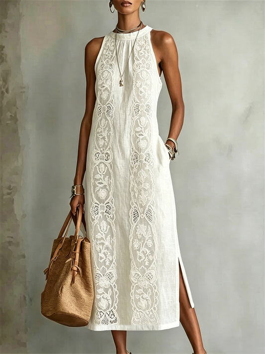 Women's Classy Vintage Floral Lace Art Print Side Slit Linen Maxi Dress