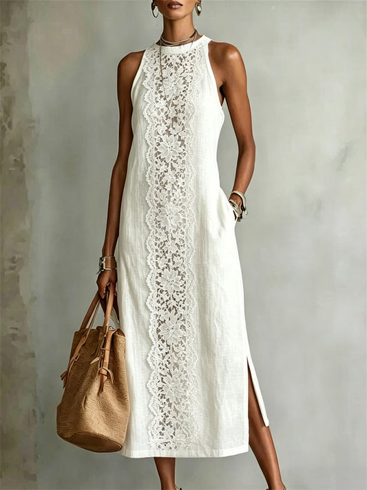 Women's Classy Floral Lace Art Print Side Slit Linen Maxi Dress