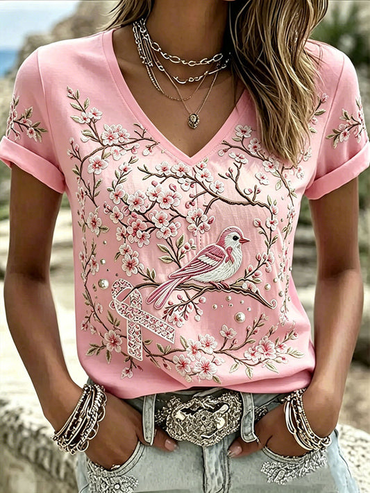 Women's Breast Cancer Awareness Flowers Short-sleeved T-shirt