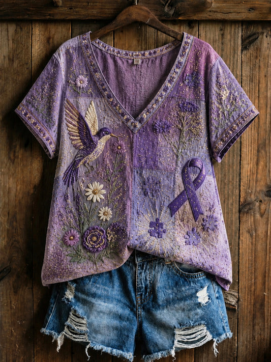 Retro Alzheimer's Hummingbird Cotton-Linen T-Shirt