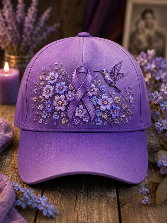 Unisex Purple Floral & Hummingbird Print Alzheimer's Awareness Support Hat