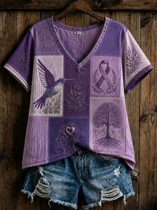 Retro Alzheimer's Hummingbird Patchwork Cotton-Linen T-Shirt