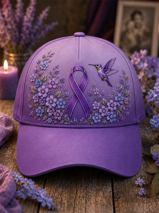 Unisex Purple Floral & Hummingbird Print Alzheimer's Awareness Support Hat