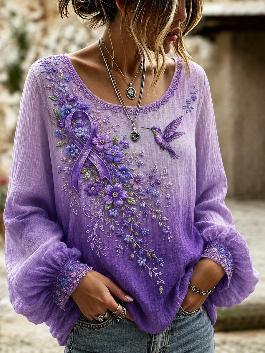 Women's Purple Floral & Hummingbird Print Alzheimer's Awareness Support Top