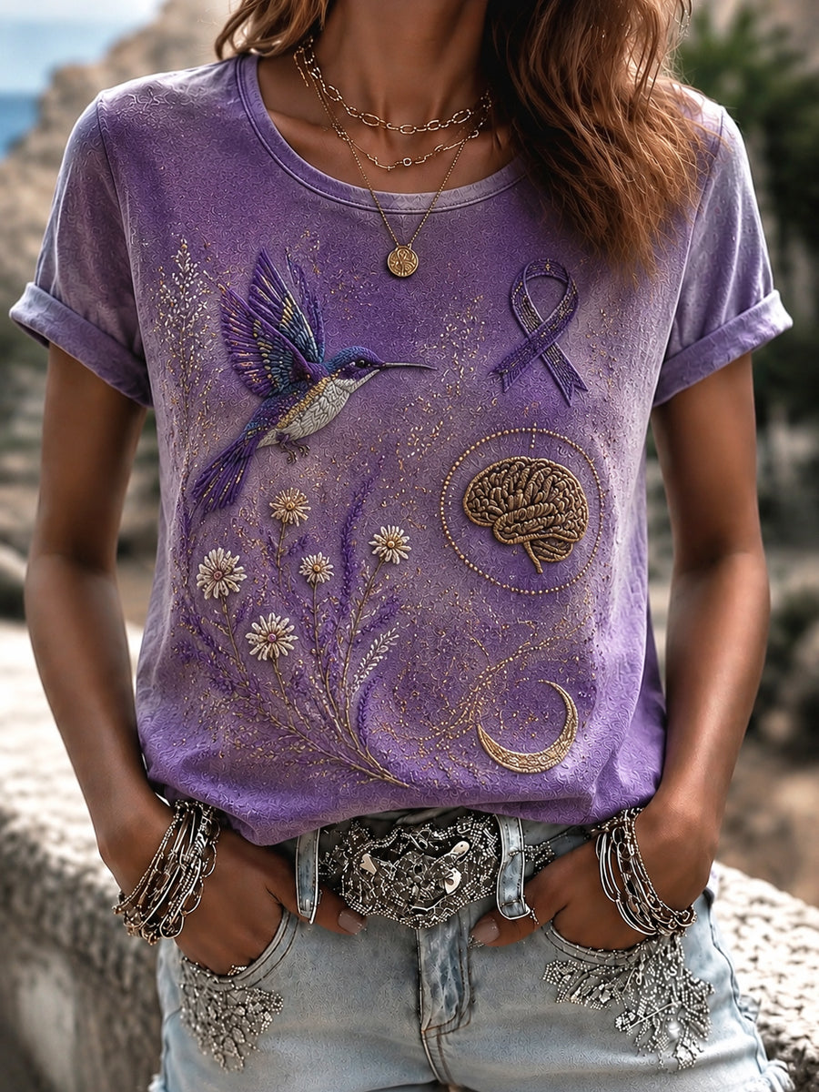 Women's Alzheimer's Disease Hummingbird and Cornflower Casual T-Shirt