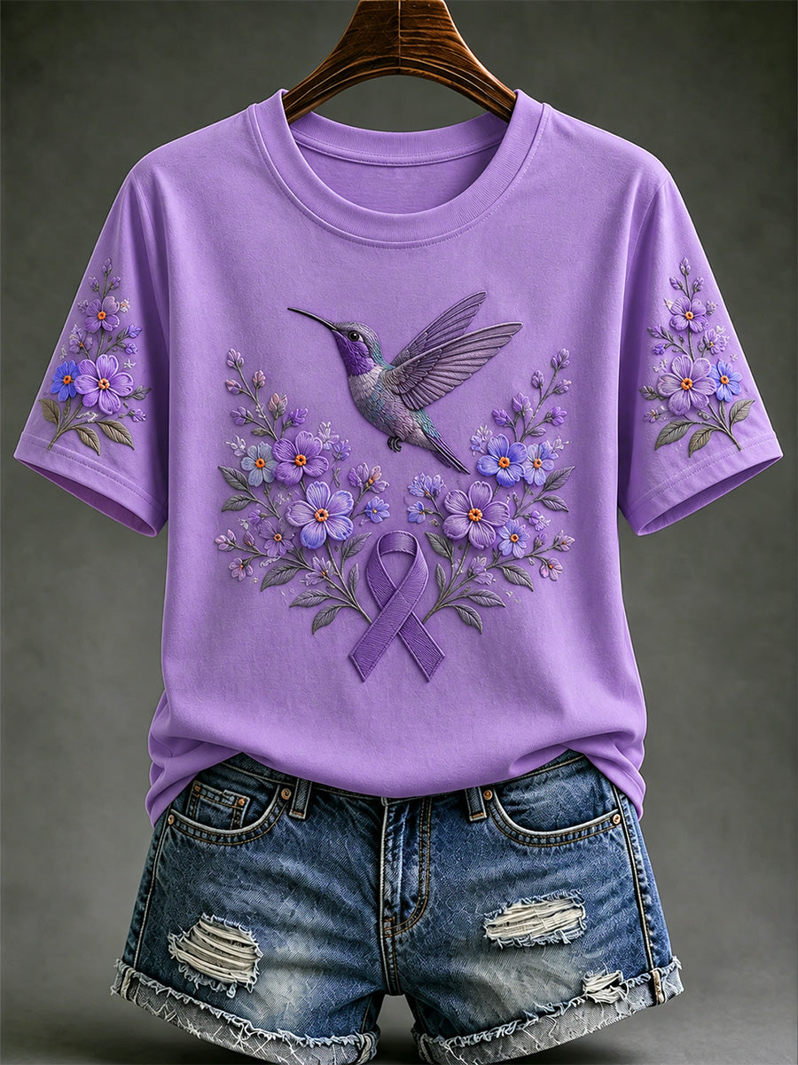 Women's Purple Floral & Hummingbird Print Alzheimer's Awareness Support Tee