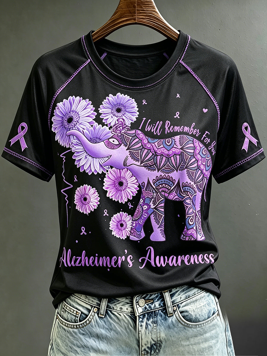 Women's Alzheimer's Awareness Remember For You Ethnic Elephant Print Short Sleeve T-shirt