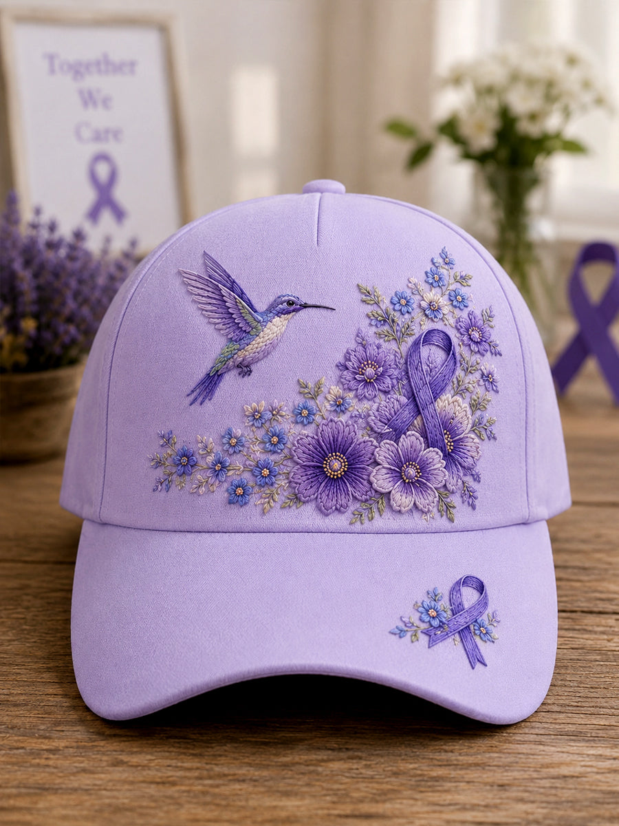 Unisex Purple Floral & Hummingbird Print Alzheimer's Awareness Support Hat