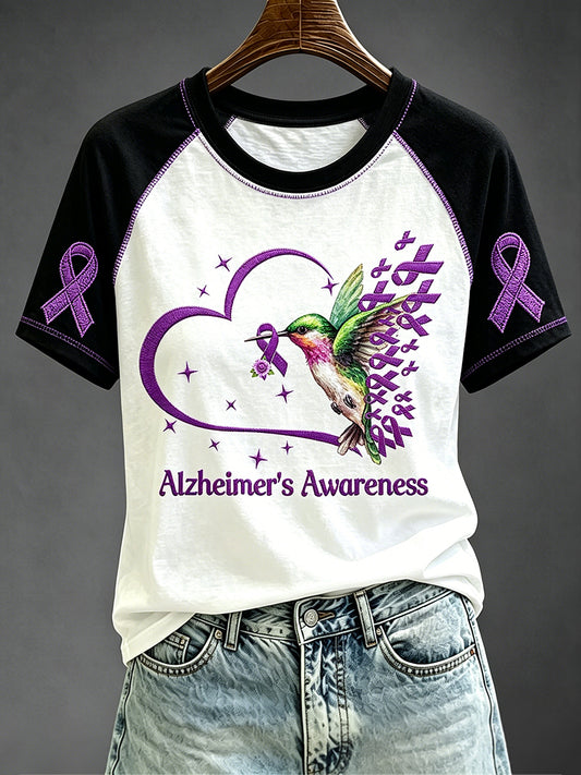Women's Bird With Ribbon Alzheimer's Awareness Print Short Sleeve T-shirt