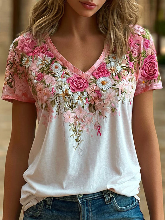 Women's Breast Cancer Awareness Flowers Short-sleeved T-shirt